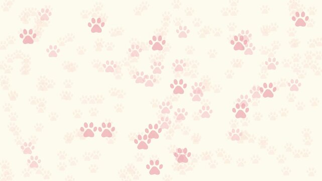 A soft, pale background with scattered pink paw prints in various sizes and opacities. Looping video