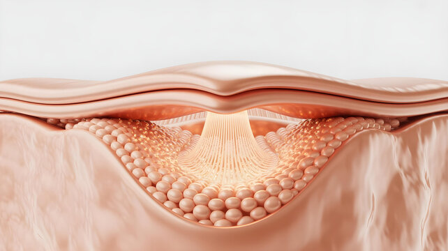 Three dimensional illustration shows a focused energy beam stimulating collagen fibers deep beneath the skin surface for rejuvenation purposes.