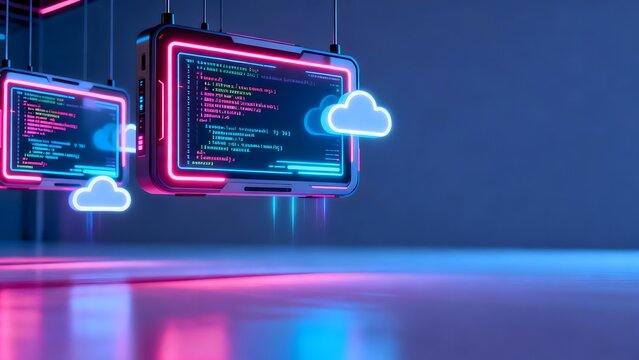 Digital screens with coding and cloud icons