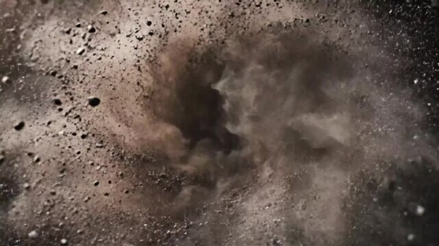 Abstract macro shot of exploding black dust and stone particles swirling in slow motion against a dark background.