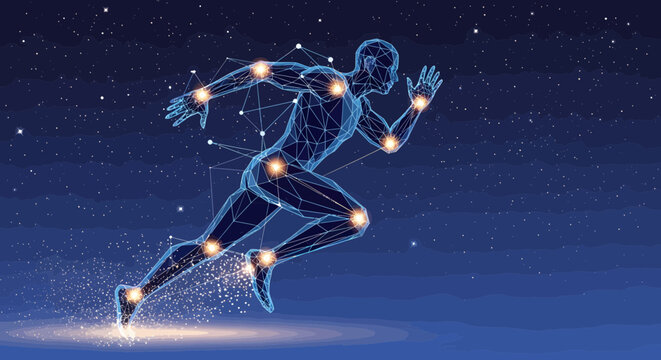 Athlete silhouette formed by connected glowing nodes demonstrates peak human performance and physiological energy in a digital environment.