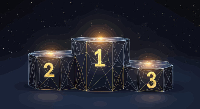 Podium featuring glowing digital wireframe levels displays first, second, and third place markers for competitive victory and achievement.
