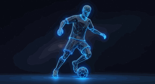 Soccer player in a dynamic running pose is visualized as a glowing blue digital wireframe model.