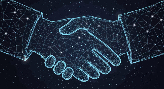 Handshake formed by a digital wireframe network represents global collaboration and the intersection of human partnership with advanced technology.