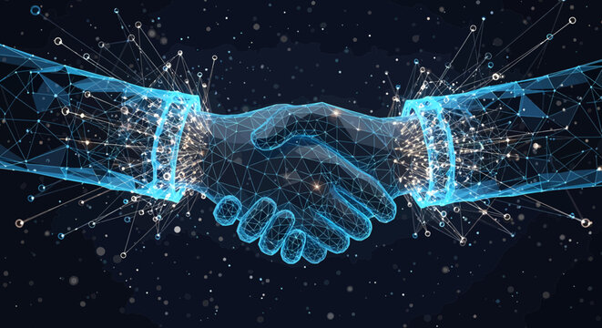 Handshake of light particles signifies a high-speed digital merger and the future of corporate connectivity.