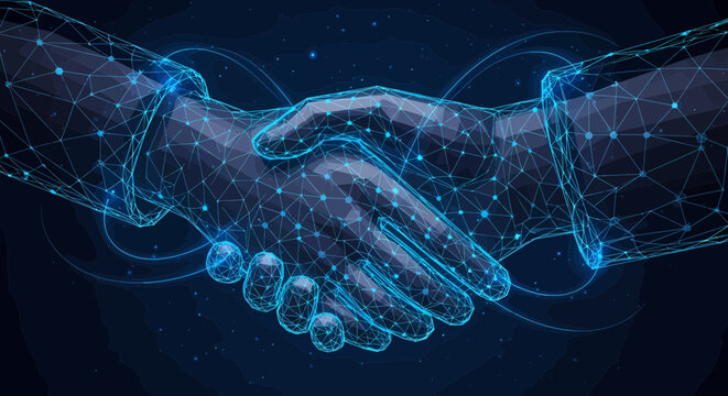 Handshake formed by glowing digital mesh structures symbolizes a secure and innovative global business partnership.