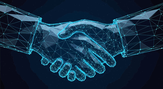 Handshake gesture formed from blue digital wireframe mesh symbolizes a modern partnership in technology.