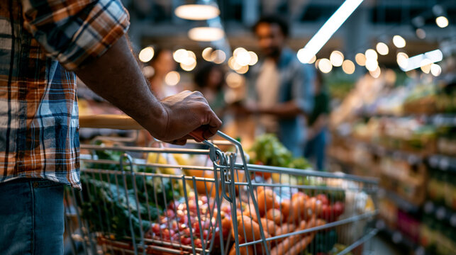 Young man pushing shopping trolley full of groceries through busy supermarket aisle, healthy lifestyle shopping concept, realistic retail atmosphere, cinematic lighting, defocused