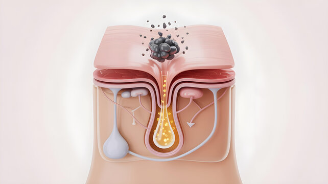 Detailed cross section illustration showing extraction of blackhead or pore debris from human skin surface layer in cosmetic concept