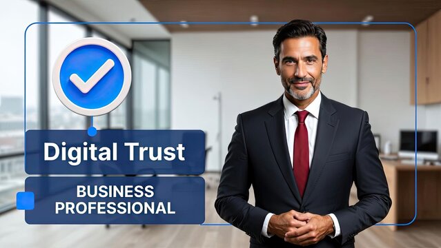 Digital trust demonstrated by business professional in modern office environment