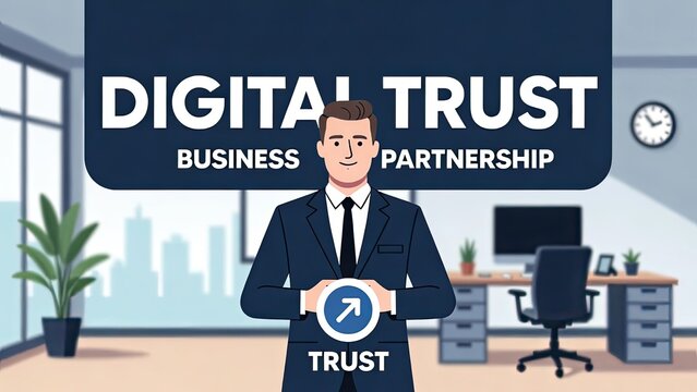 Digital trust partnership among business leaders in modern office environment concept art