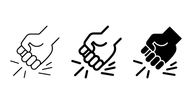 Fist Punch Icon Set, Impact Symbol, Knocking Gesture, Forceful Strike Vector