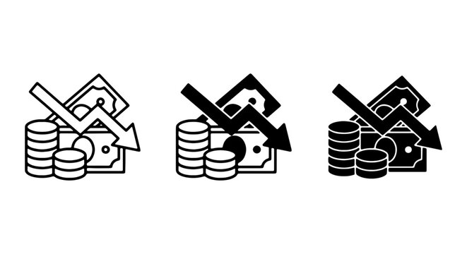 Financial Crisis Icons, Money Down Trend, Economic Downturn Vector Set