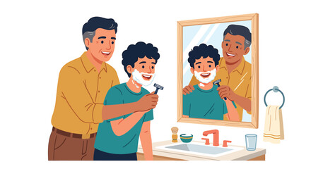 Obraz premium Father teaching son shaving, man guiding boy, shaving lesson, grooming together, family moments