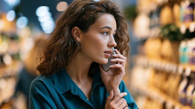 Thoughtful woman pretending to speak on phone while shopping in store, consumer lifestyle concept, candid retail environment, modern fashion style, softly defocused shelves,