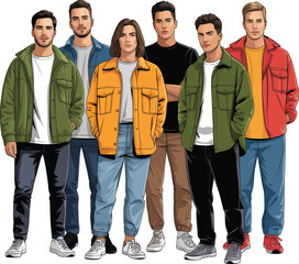 Fototapeta premium Diverse Group of Young Men and One Woman in Casual Fashion