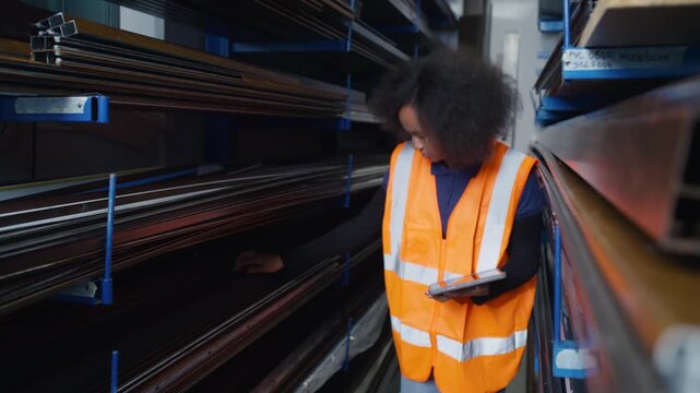 Warehouse female worker in a metalworking factory taking inventory counts, physical stock checking, while using a tablet for data entry.