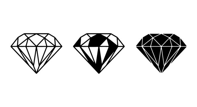 Diamond Icons Set: Outline, Faceted, Solid Black Gemstone Graphics