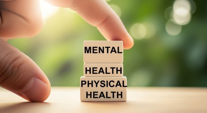 Mental and Physical Health Concept with Hand Stacking White Blocks on Wooden Table Nature Background