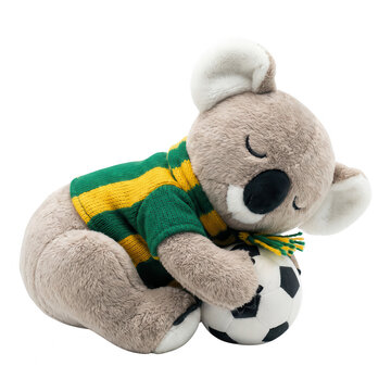 Cute koala plush toy in a green and yellow striped sweater holding a soccer ball isolated on transparent background