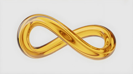 Naklejka premium Translucent amber glass infinity symbol rendered in three dimensions against a soft white background representing endless possibility.