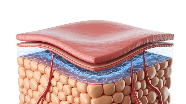 Detailed three dimensional illustration of the human skin layers showing the epidermis dermis and subcutaneous fat structure in cross section