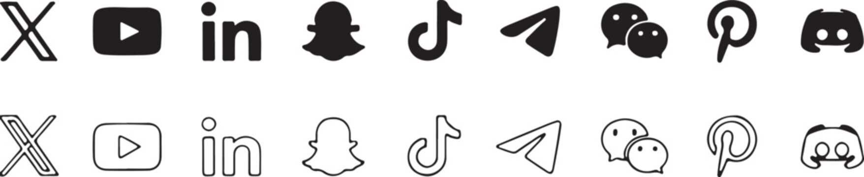 icons social media app logos filled and outline ui set