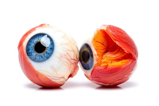 Two dissected human eyeballs showing blue iris and internal anatomy image