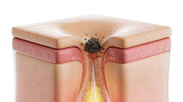 Detailed 3d rendering illustrating the process of extraction or removal from a clogged skin pore featuring blackheads and sebum outflow.