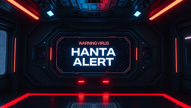 Futuristic Hanta Virus Alert Digital Interface Screen in Sci Fi Control Room with Cyber Warning Display
