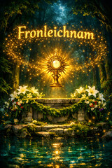 Obraz premium Fronleichnam golden monstrance in glowing forest, mystical spiritual altar, sacred communion symbol, divine light reflection, peaceful worship atmosphere in nature
