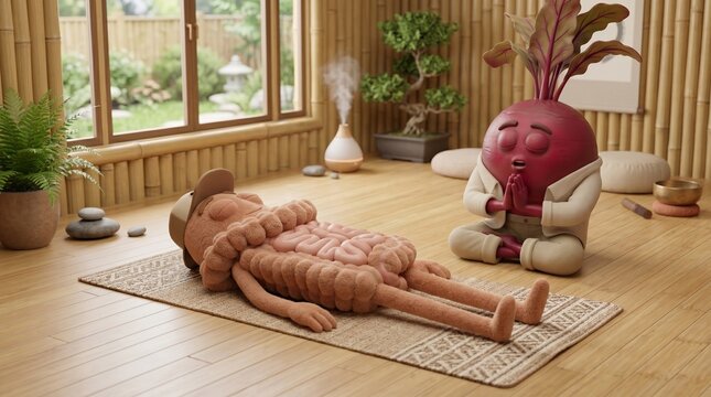 Cartoon intestine relaxing in yoga studio with meditating beet, humor, relaxation, gut health, funny, digestive system, mindfulness, wellness, stress relief, cartoon character, healthy lifestyle, zen.