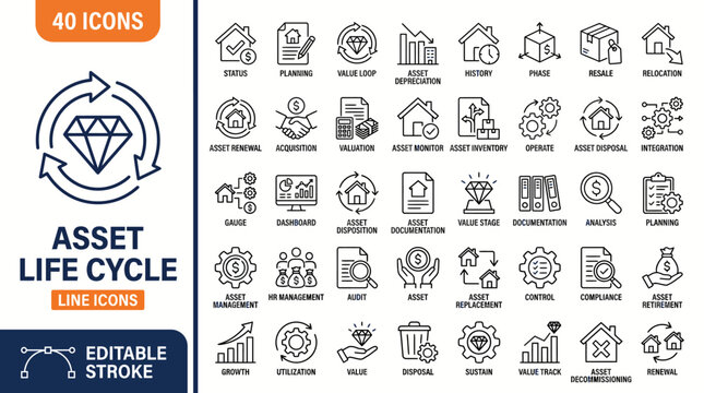 Asset lifecycle icon set. Contain icons related to asset, lifecycle, value, phase, service, repair, planning, acquisition, maintenance, optimization, and more. Editable stroke. Vector illustration