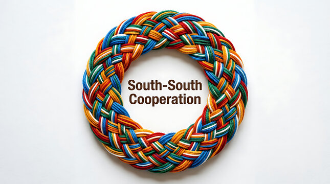 Vibrant multicolored woven braid circle symbolizing unity and cooperation on white background with south south cooperation text