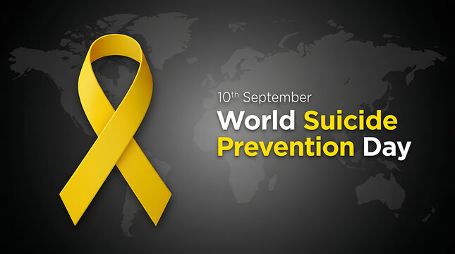 Yellow ribbon on gray world map for world suicide prevention day on september 10th awareness campaign