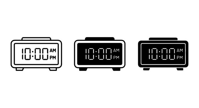 Digital Alarm Clocks, Time Display, Modern Timekeeping, 3 Vector Icons