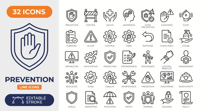 Prevention icon set. Contain icons related to safety, risk, protection, control, awareness, disease, hygiene, and more. Editable stroke. Vector illustration