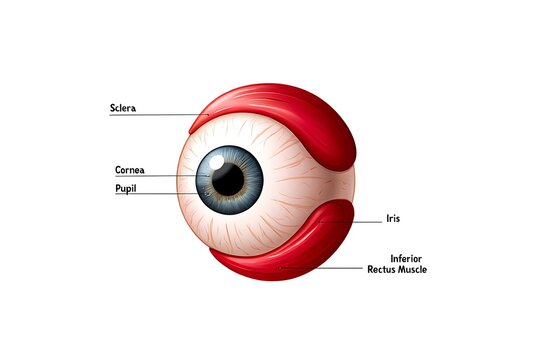 Labeled human eye anatomy with sclera cornea iris and muscles image