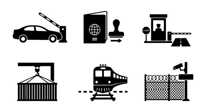 Border Control Icons: Immigration, Customs, Security, Transport Checkpoints, Cargo Gateways, Travel Documents