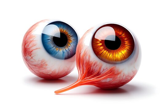Two Dissected Eyeballs Blue and Amber Irises on White anatomy dissection