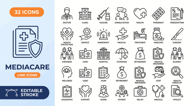 Mediacare icon set. Containing healthcare, insurance, pharmacy, coverage, doctor, nurse, hospital, medical, patients, and more. Outline icons collection. Editable stroke. Vector illustration