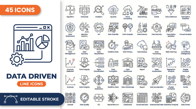 Data Driven icon set. Containing algorithm, big data, analysis, analytics, data mining, machine learning, ai, visualization, database, predictive, and more. Editable stroke. Vector Illustration