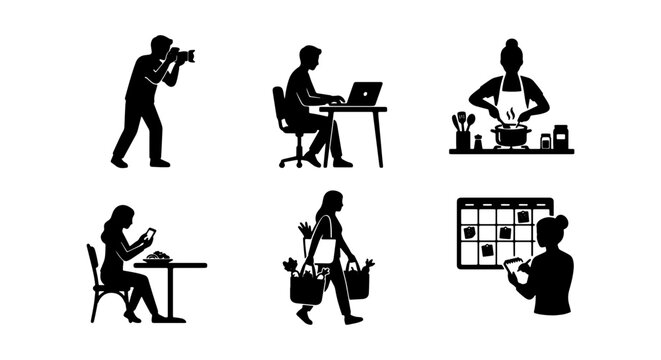 Diverse Lifestyle Icons: Photography, Work, Cooking, Shopping, Planning, 6 Vector Silhouettes for Modern Living
