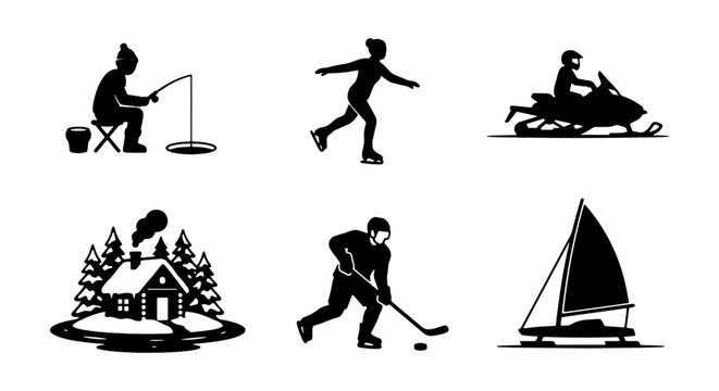 Winter Sports Icons Set: Ice Fishing, Skating, Snowmobiling, Cabin, Hockey, Sailing Vector Graphics for Seasonal Activities