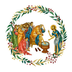 Obraz premium Maundy (foot washing scene). Decorative vintage floral wreath, illustration in Byzantine style isolated