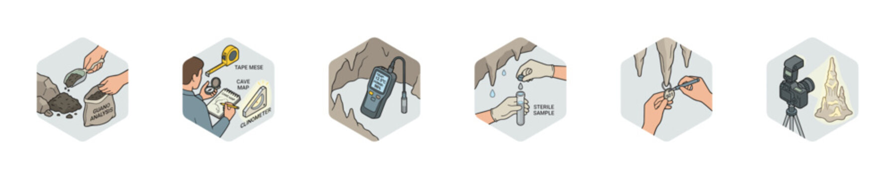 Scientific cave exploration and research methods illustrated in hexagonal icons