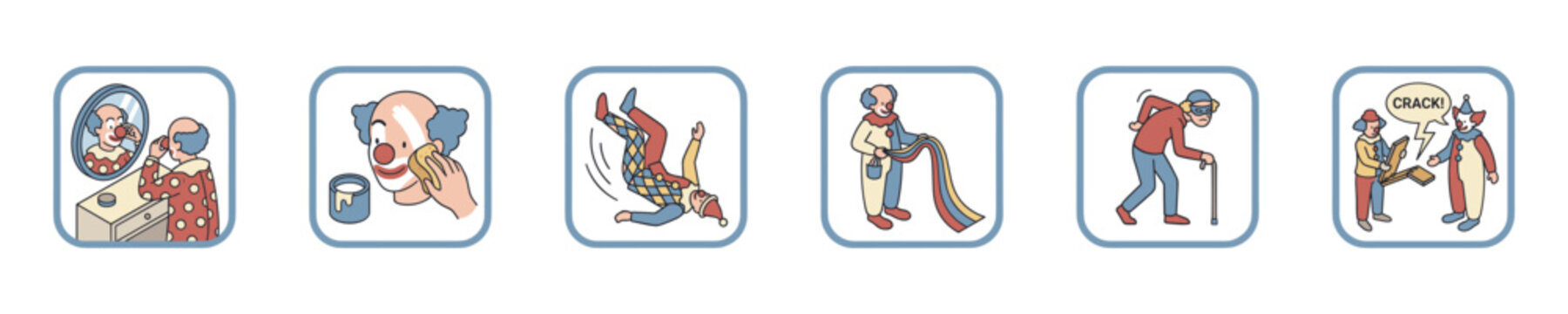Clown performing various circus acts and preparing for a show