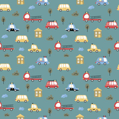 Seamless pattern with cute hand drawn cars and emergency vehicles on blue background, nursery transport background for fabric, wallpaper and kids decor. © Helga KOV