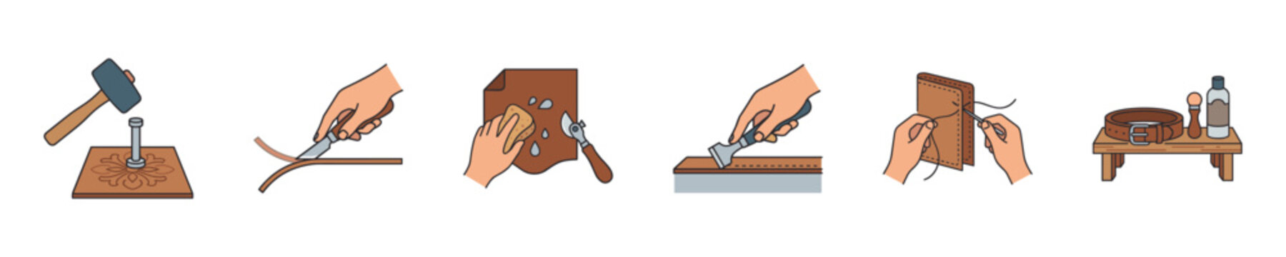 Leatherworking process steps shown in a sequence of illustrations