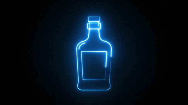 Bright neon blue outline of a liquor bottle shimmering against a dark black background